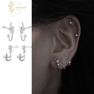 Roselife Thời Trang Thoáng Mát Bạc Pha Lê Đeo Chéo Bông Tai Cho Nữ Tai Đinh Trang Sức