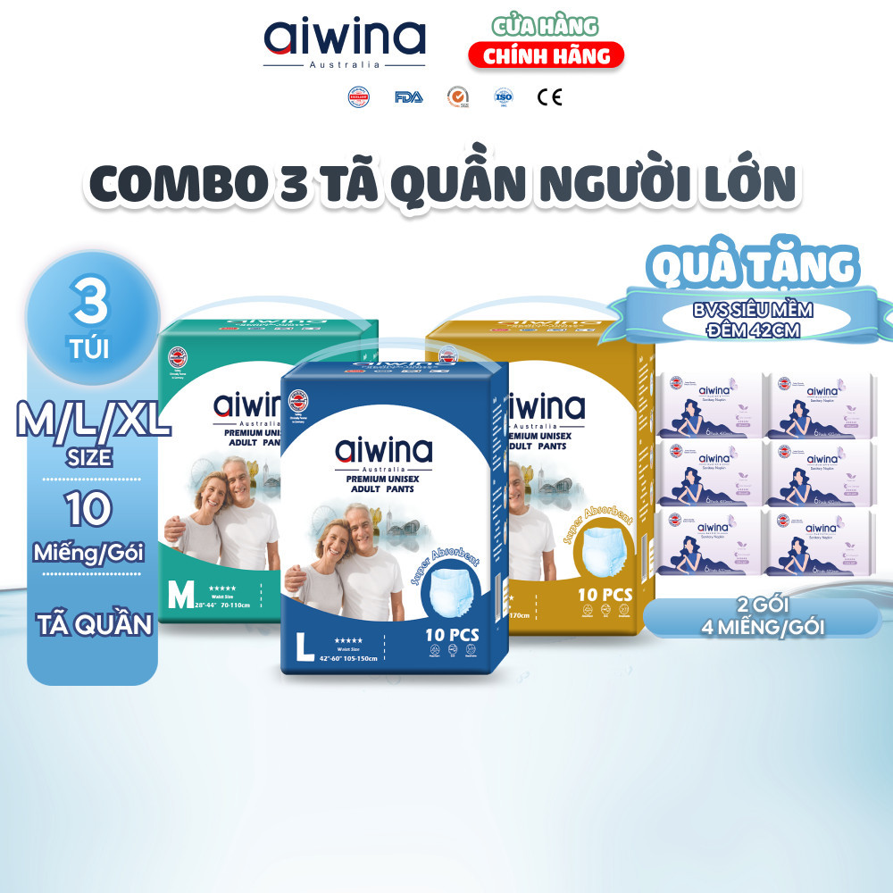 Combo 3 Tã quần người lớn Aiwina siêu thấm hút 3 túi x 10 miếng