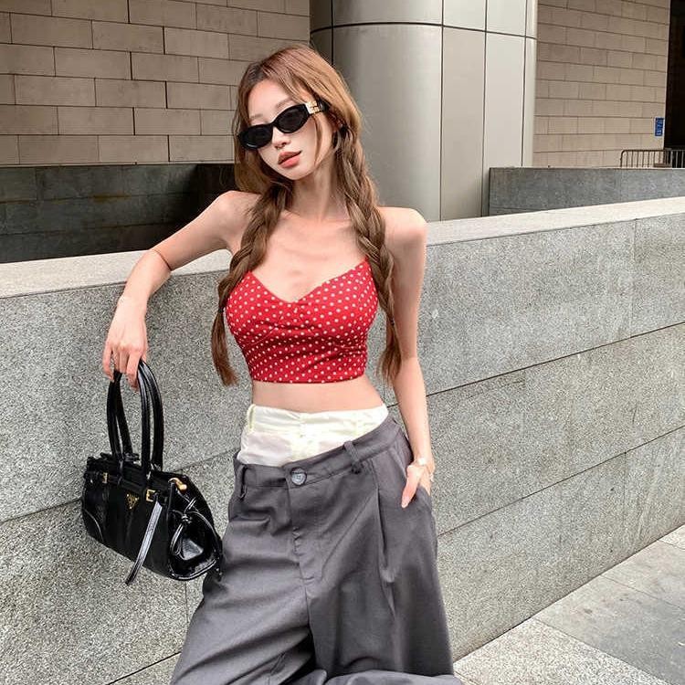 77UNI Red Polka Dot Spaghetti Dây Đeo Top Có Chấm Trắng Hiển Thị Mặt Sau Có Dây Đeo Chéo Xe Tăng K31