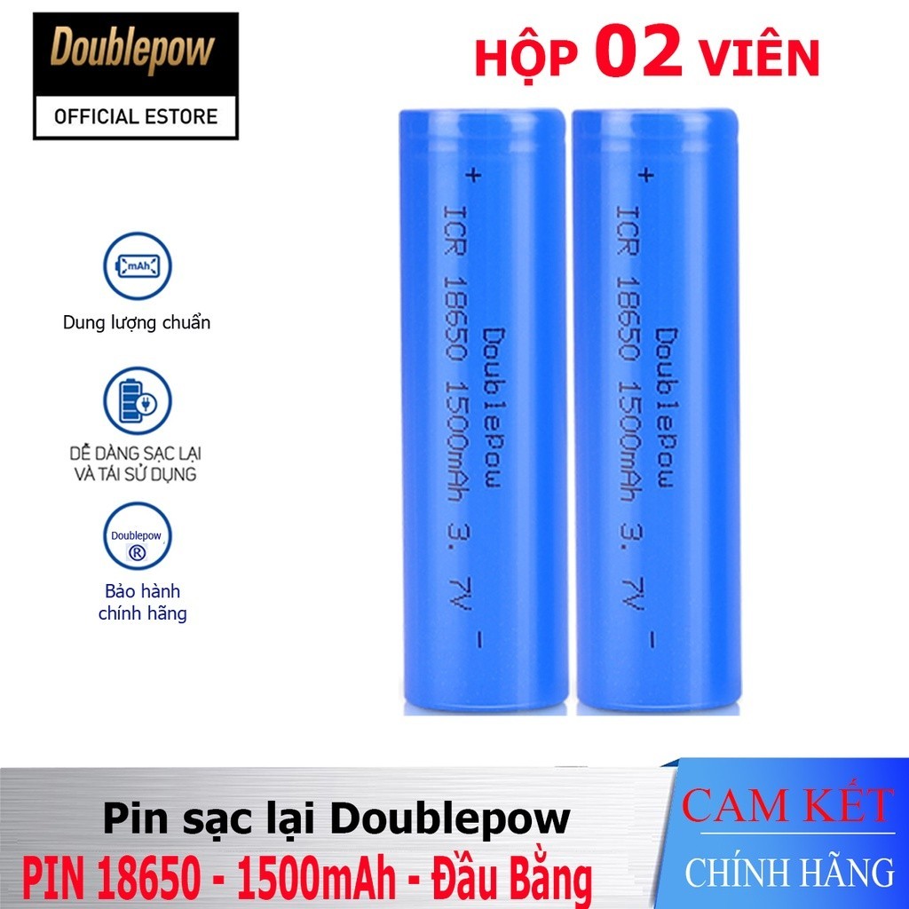 [Hộp 02 viên] Pin sạc Lithium 18650 - 1500mAh đầu bằng Doublepow, pin dung lượng thực
