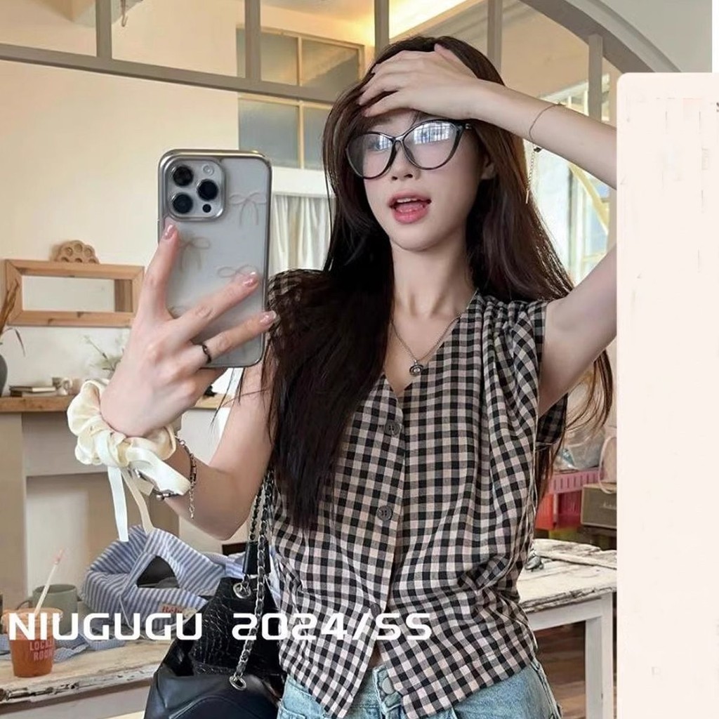 Áo Sơ Mi Không Tay Kẻ Caro Thanh Lịch Mùa Hè Thiết Kế Dáng Ngắn Rộng Rãi Phong Cách | BigBuy360 - bigbuy360.vn