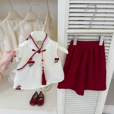 Set Áo Sát Nách Cổ Tàu Thêu Cherry Quần Lửng Ống Rộng Cho Bé Gái 1-8 MINTSCLOSET Quảng Châu - GA2396