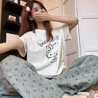 INS Girl Dễ Thương Hello Kitty Bộ Đồ Ngủ Tay Ngắn nữ Xuân Hè 2025 Áo Thun Quần Mặc Nhà Phù Hợp