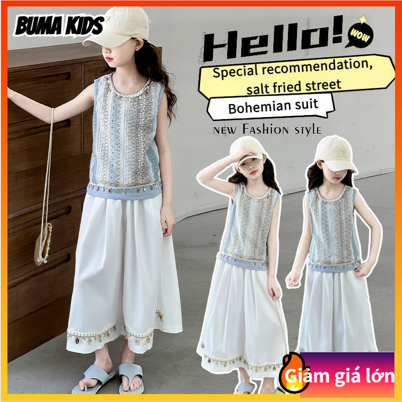 BUMA KIDS🔥Cô gái, phù hợp với, mới, nước ngoài, Bohemian, vest, quần short