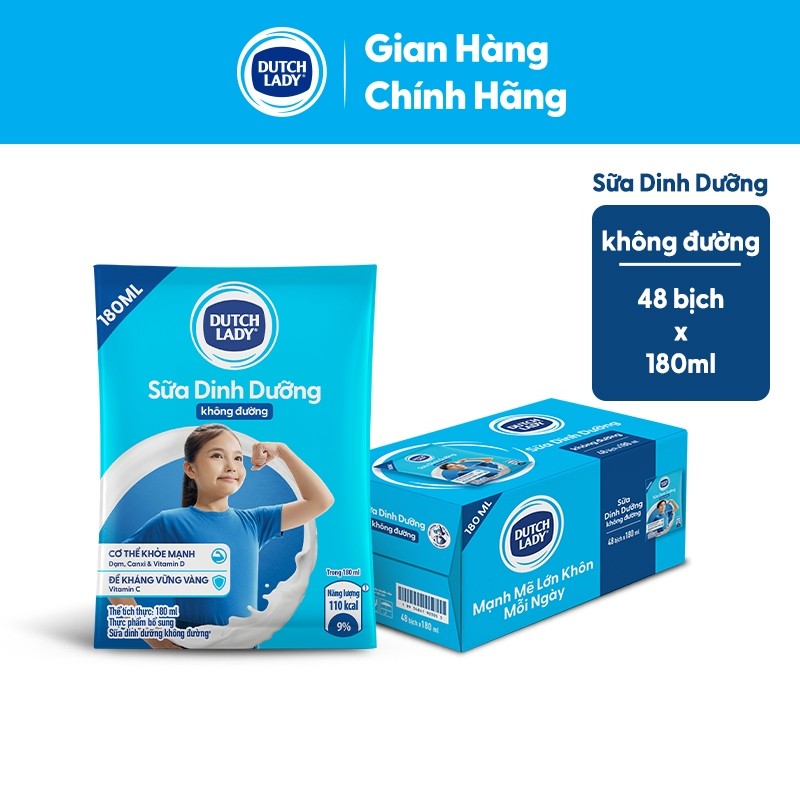 Thùng 48 Bịch Sữa Dinh Dưỡng Dutch Lady Không Đường 48x180ml