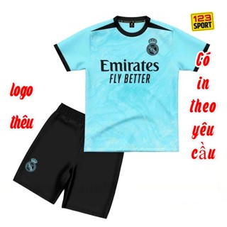   Có in sau lưng-Đồ trẻ em  Real Madrid xanh 2026 Quần áo bóng đá trẻ em Chất thun lạnh Siêu đáng yêu 