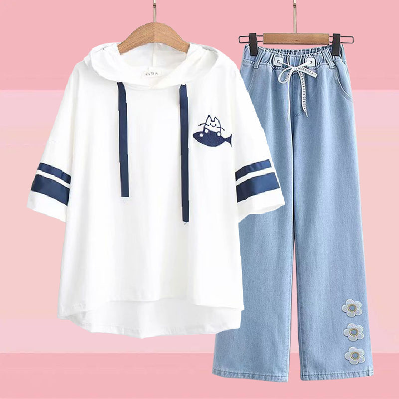 Quần Áo Mùa Hè Cho Học Sinh Trung Học Nữ 12-15 Tuổi Áo Phông Liền Mũ Bộ Quần Ống Rộng