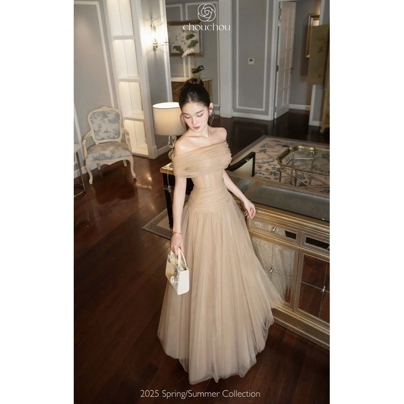 Váy Dạ Hội Thiết Kế Trễ Vai Bản Lưới Dáng Xoè Sang Trọng, Đầm Dự Tiệc Trễ Vai Tiểu Thư