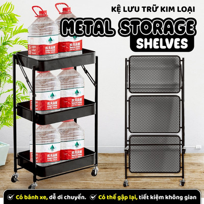 N  BG Kệ  sắt Xe đẩy 3 Tầng MS-4177 Có Bánh Xe Kệ để đồ đa Năng Gấp Gọn, Chất Liệu Kim Loại Cao Cấp
