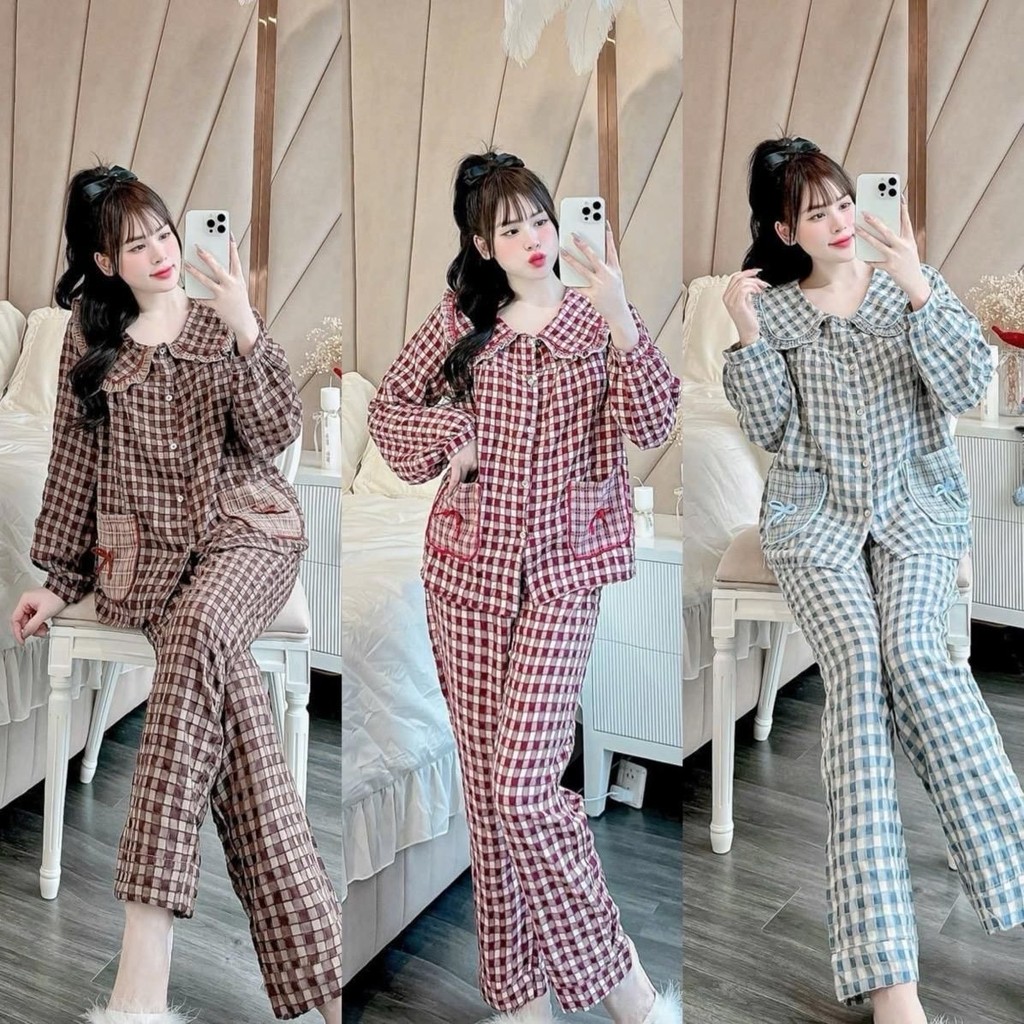 Bộ đồ mặc nhà Kẻ caro cổ Sen túi Nơ chất đũi nhung mềm đẹp cho Nữ DD60 Sammy - Women