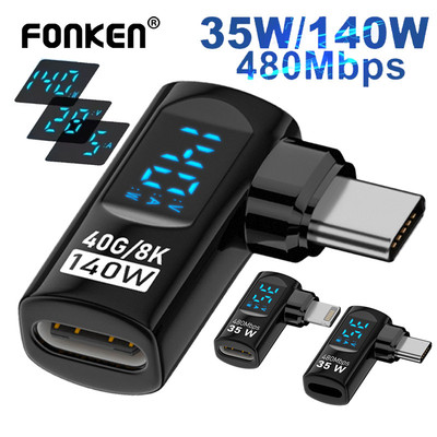 Fonken PD 140W Khuỷu tay Bộ chuyển đổi USB-C sang Type C Màn hình kỹ thuật số Sạc nhanh Truyền dữ liệu 40Gbps Bộ chuyển đổi 8k @ 60Hz cho iPh 16 15 Pro