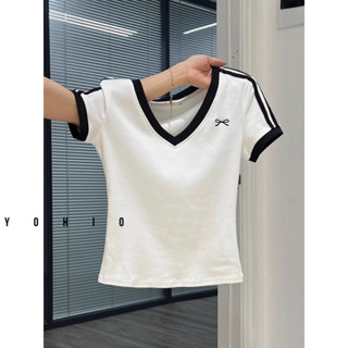 Áo thun ngắn tay kiểu dáng thời trang mùa hè cho phụ nữ, cổ V, ôm sát, đa năng, phong cách Hàn Quốc