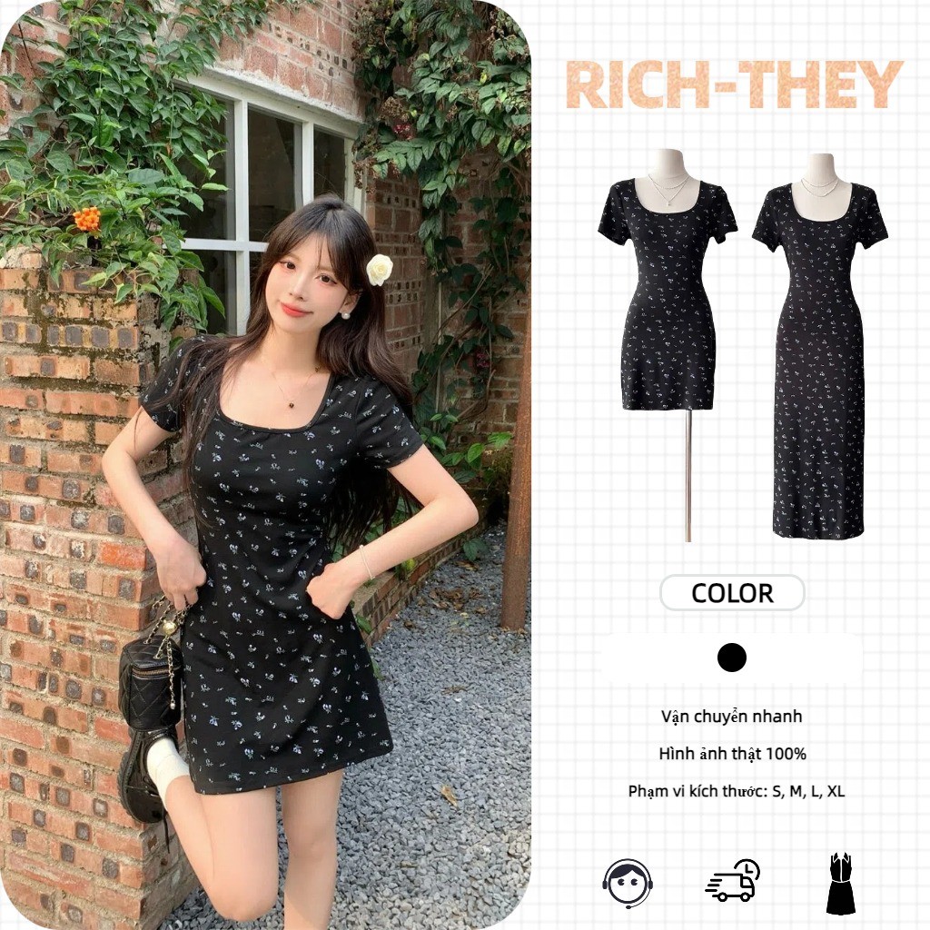 RICH-THEY Váy Đen Mùa Hè Hoa Mỏng Thanh Lịch Thời Trang Váy Ngắn Tay Mới-V201 | BigBuy360 - bigbuy360.vn