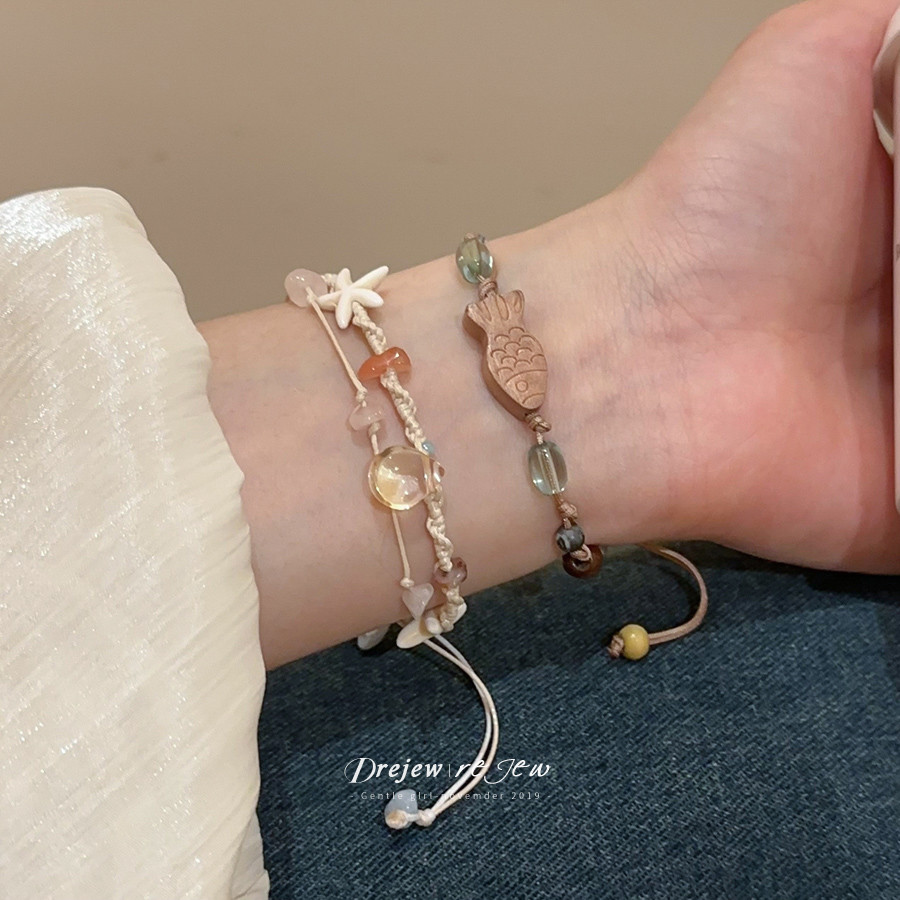 DREJEW Vòng tay sao biển đá tự nhiên đầy màu sắc bên bờ biển kỳ nghỉ phong cách vòng tay thích hợp cao cấp đa năng trang sức tay