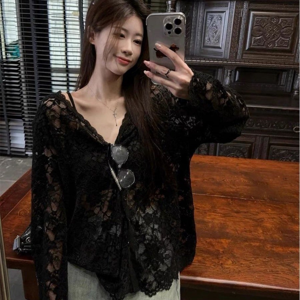 Meet-Adm Áo Sơ Mi Dài Tay Ren Dài Tay Ngọt Ngào Cay Rỗng Áo Cổ Chữ V Gợi Cảm Thời Trang Mới Mùa Hè | BigBuy360 - bigbuy360.vn