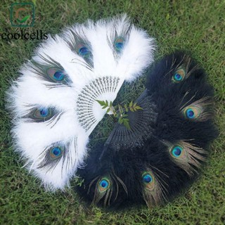 Quạt lông chim công COOLCELLS, có tua rua Lông vũ dày mềm gấp, Tay cầm rỗng cầm tay cổ điển Quạt khiêu vũ lông vũ di động Hiệu suất trực tiếp