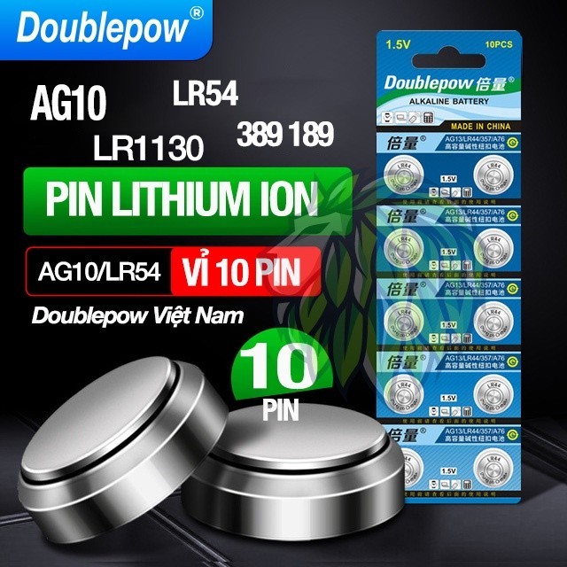 Vỉ 10 Pin Nút LR1130 AG10 LR54 389 189 Doublepow dung lượng cao Doublepow - Pin cút áo LR44 cho đồng