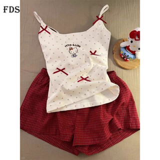 Pyjama nữ FDS, thoải mái, rộng rãi, dễ thương, ngọt ngào, Hello Kitty với đệm ngực, dây đeo, bộ đồ mặc ở nhà sexy mùa hè
