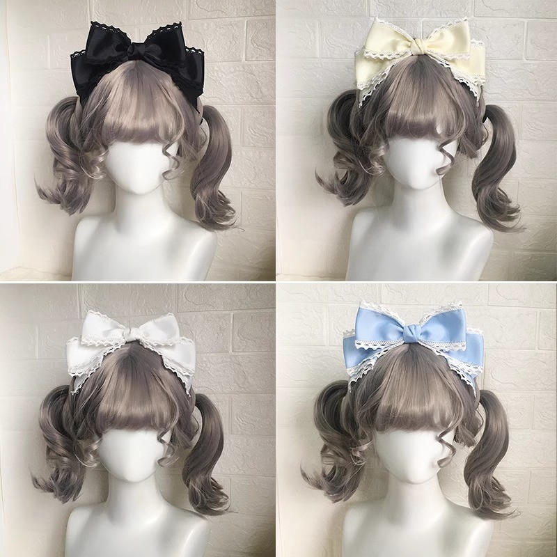 Phụ kiện Lolita màu xanh, kẹp tóc nơ lớn Lolita, phụ kiện tóc KC đen thủ công, kẹp tóc Lolita