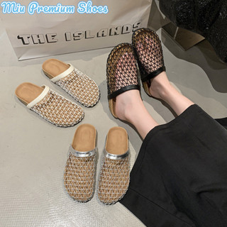Miu Giày Cao Cấp Lưới Thoáng Khí Dệt Ngón Chân Đế Hộp Nửa Dép Nữ Mùa Hè Mới Đa Năng Fishnet Dép