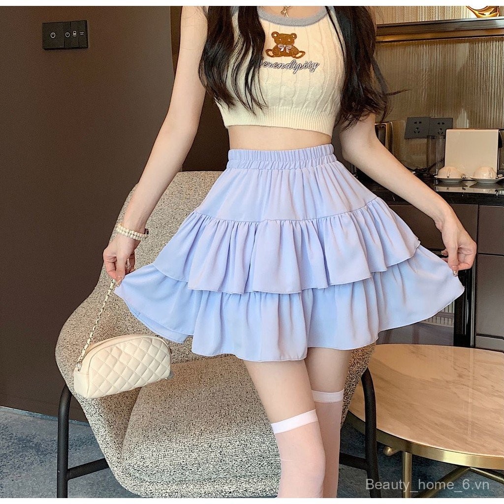 Váy bánh ngắn ba tầng diềm xếp nếp Thắt lưng co giãn Có lót, vải dù váy ngắn cao cấp dễ thương phù hợp với dáng người nhỏ nhắn | BigBuy360 - bigbuy360.vn