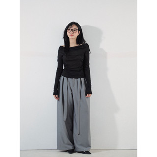 Seleen, Quần tây lưng cao ống rộng màu xám dày dặn không nhăn (kèm dây đai bản to), WB0038