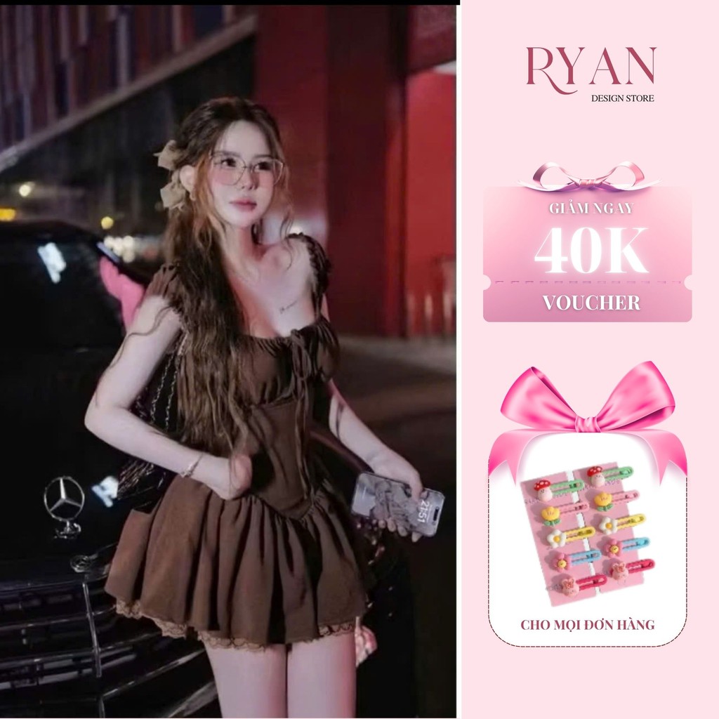 Đầm phối nơ phong cách dễ thương hàn quốc, đầm tiểu thư cổ vuông dáng xoè ngắn,  (HA26)- Ryan Design