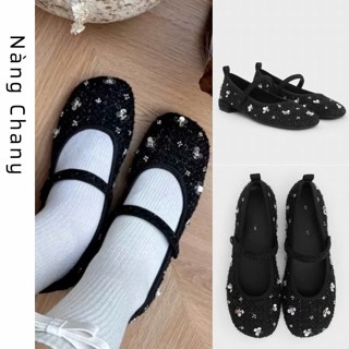  Giày búp bê nữ vải tweed đính hoa kim sa xinh xắn phong cách Hàn Quốc tiểu thư nhẹ nhàng đi học đi chơi 2134-1 