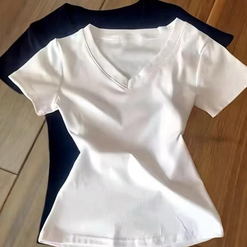 A66 Áo Thun Nữ Trơn Cổ Tim Ngắn Tay Nhiều Màu Sắc Thời Trang A66