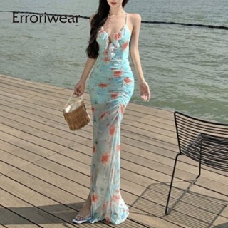 Erroriwear Nữ 2025 Đầm Maxi Dây Đeo Cổ Chữ V Lưới In Hoa viền Chia Thiết Kế Thanh Lịch Gợi Cảm Phong Cách Kỳ Nghỉ
