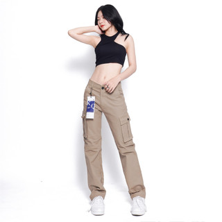  Quần Cargo Nữ Kaki Co Giãn Form Đứng Ống Rộng Màu Nâu Nhạt | KQSTYLING Basic Fit-C1 