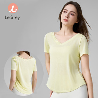 Leorrey-Áo thun thể thao cổ chữ V hai lớp sợi tái chế, tay ngắn, dáng rộng tập yoga