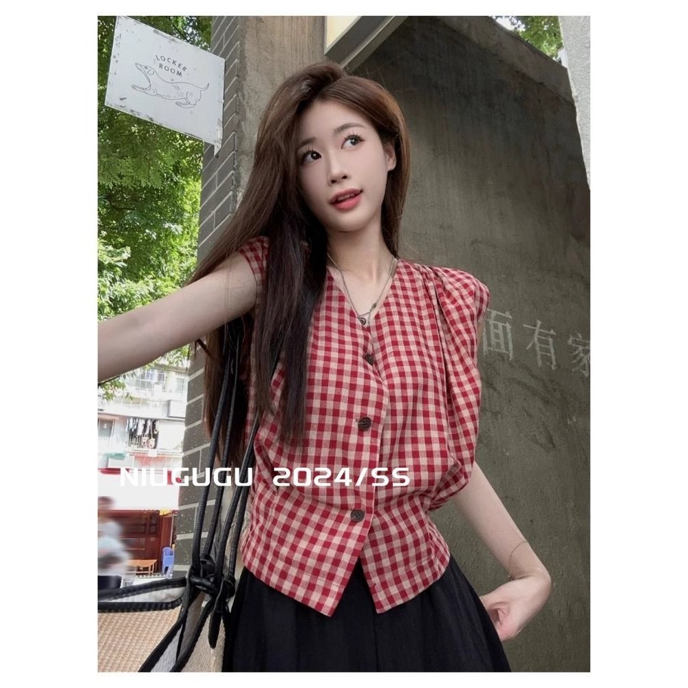 Áo Sơ Mi Không Tay Kẻ Caro Thanh Lịch Mùa Hè Thiết Kế Dáng Ngắn Rộng Rãi Phong Cách | BigBuy360 - bigbuy360.vn