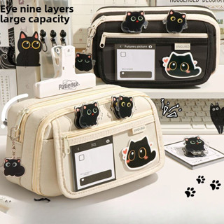 Hộp bút chì hình mèo hoạt hình đen/trắng dễ thương - thiết kế bền bỉ chống nước với khóa kéo trong suốt, ngăn chứa đa năng cho thước kẻ 20cm & 80 cây bút - đồ dùng học tập hoàn hảo