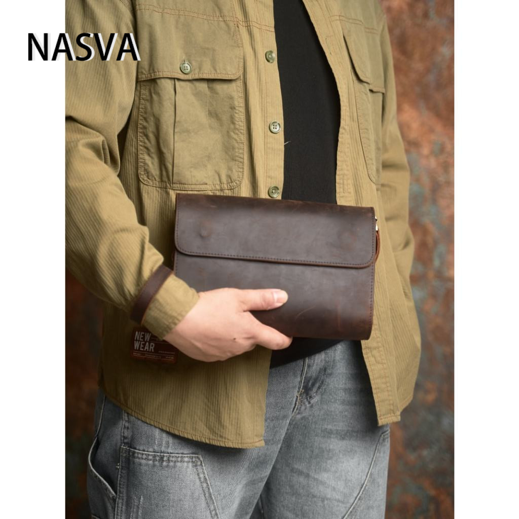 NASVA Handmade Nguyên Bản Crazy Horse Da Nam Túi Ly Hợp Da Thật Ví Retro Túi Điện Thoại Di Động Lớp Đầu Tiên Da Bò Túi Ly Hợp