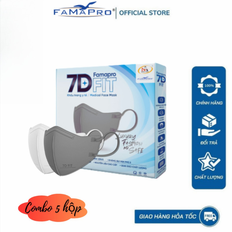 Combo 5 Hộp Khẩu Trang Famapro 7D Fit | Thiết Kế 5 Lớp Ôm Mặt – Êm Mịn – Thoáng Khí (10 Miếng/Hộp) -