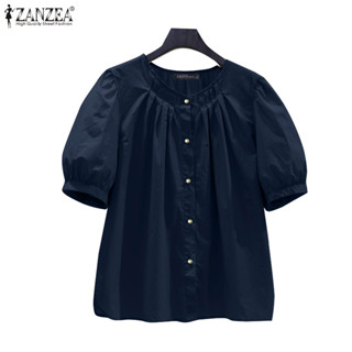 ZANZEA Nữ Thời Trang Hàn Quốc Cổ Tròn Xếp Ly 5/4 Tay Áo Sơ Mi Tay Phồng