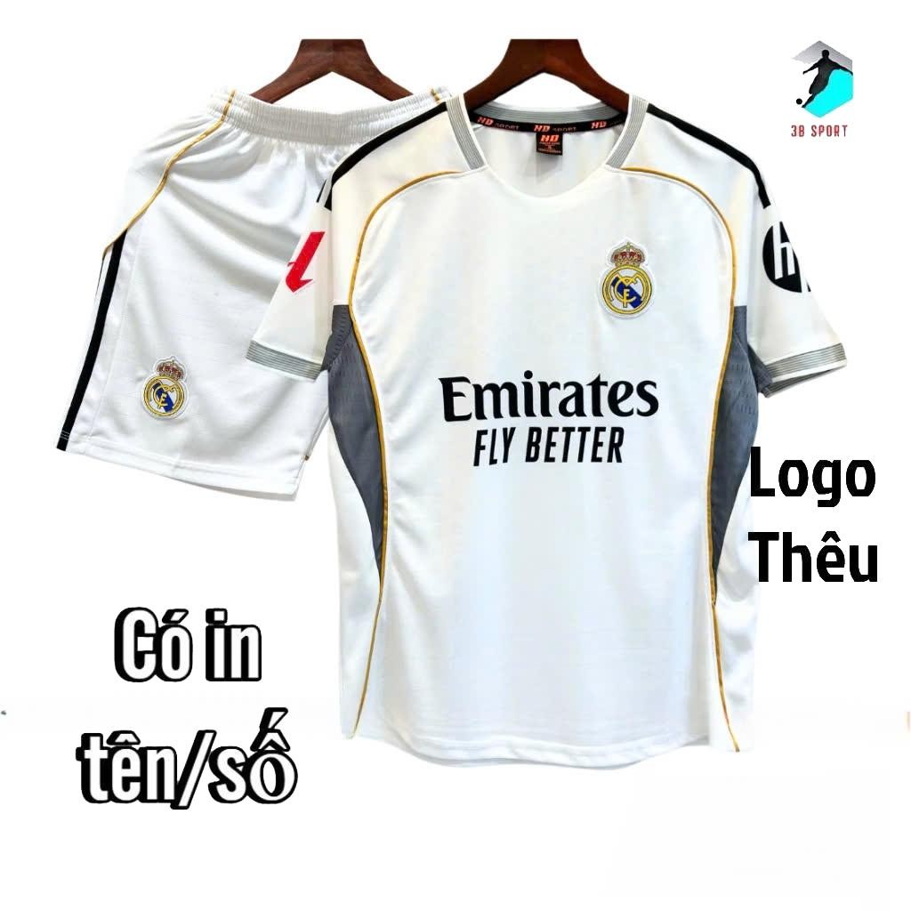 [Có in tên số]Quần Áo Bóng Đá, Đồ Đá Banh Real Madrid 25/26 trắng tinh may ghép vải mè S-COMF cao cấp
