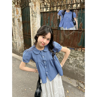 Áo Sơ Mi Nữ BABEE Dáng Babydoll Cổ Sen Tay Ngắn Bồng Họa Tiết Caro Phong Cách Dễ Thương Trẻ Trung