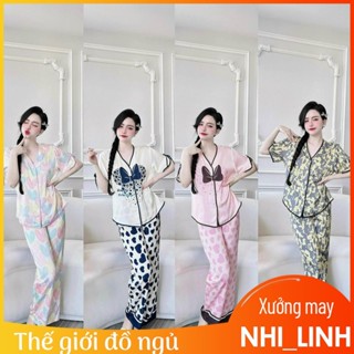 [40 tới 70kg] pijama Đồ bộ lụa xước quần dài áo cộc tay viền lé mềm mát mặc nhà