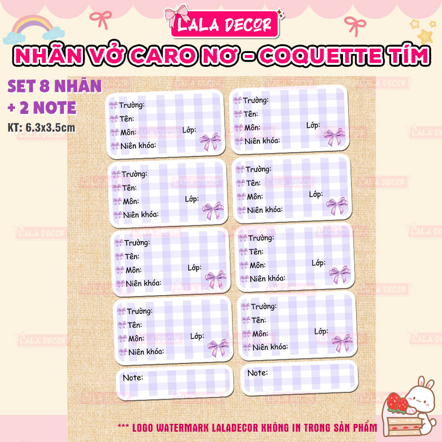 Nhãn Vở Coquette Nơ Tím Dễ Thương, Nhãn Vở Caro Tím Pastel 🎀 Giấy Nhãn, Nhãn Tập Coquette Caro Paste