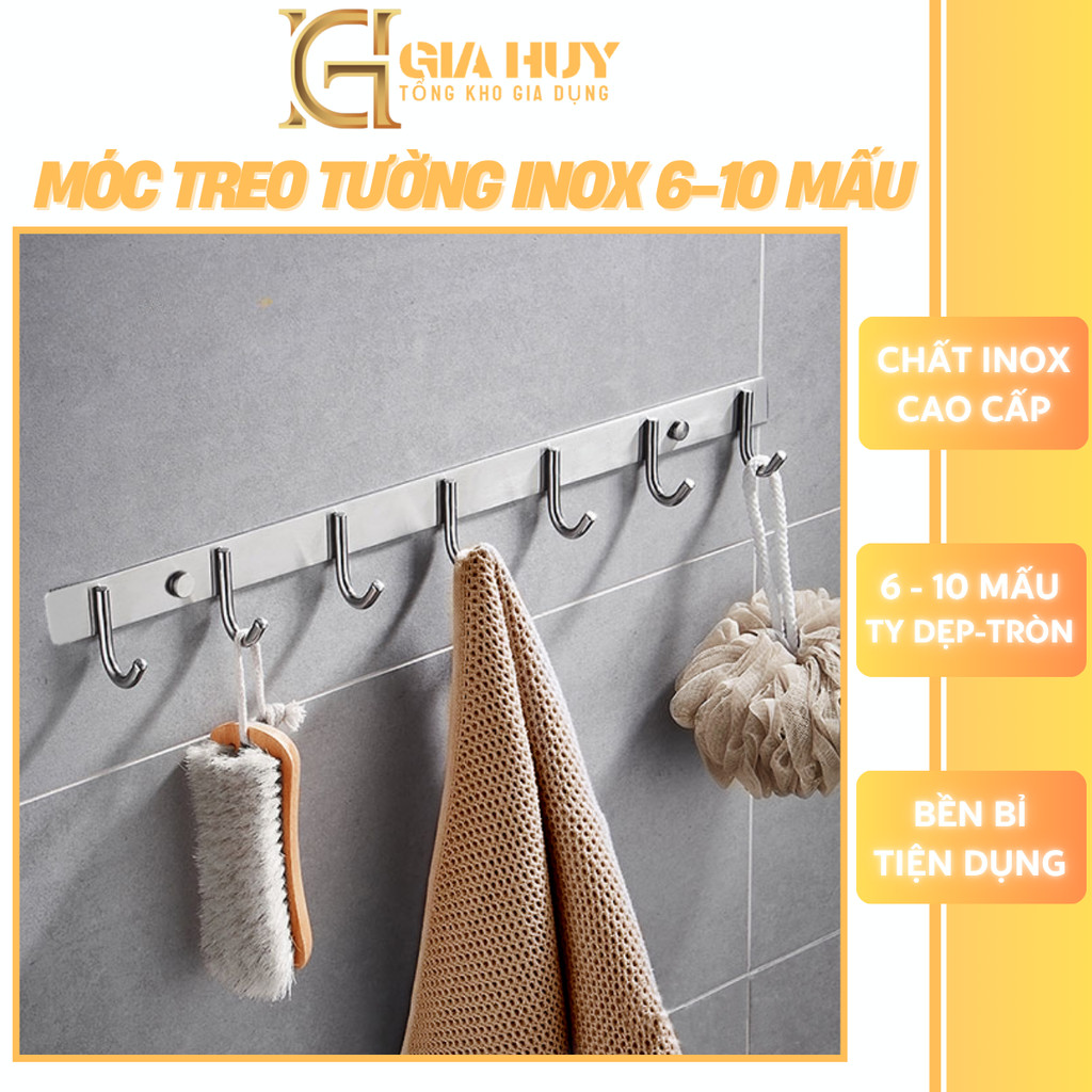 Móc treo tường inox, móc treo quần áo gắn tường, móc treo đồ inox từ 6 đến 10 mấu (Tặng Vít+Tắc kê)