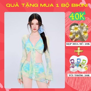 Đồ bơi kín đáo bikini đi biển cho nữ 2 mảnh set 4 chi tiết áo dài tay kèm chân váy có mút màu loang du lịch mùa hè B3