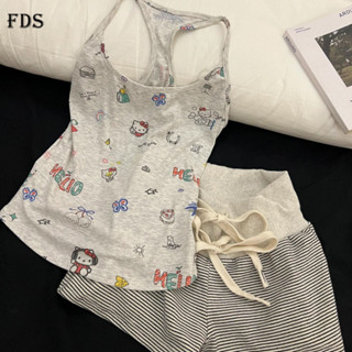 Bộ đồ ngủ tank top Hello Kitty FDS cho phụ nữ mùa hè phong cách Mỹ, áo camisole sọc và quần short mặc ở nhà