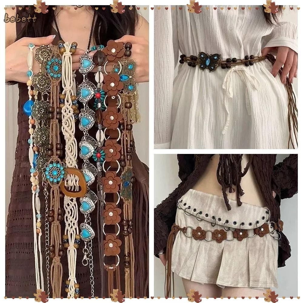 Dây thắt lưng BEBETTERM, Dây hợp kim Bohemian Thắt lưng, Hợp thời trang Vintage Y2K Bướm Tua Rua Hoa