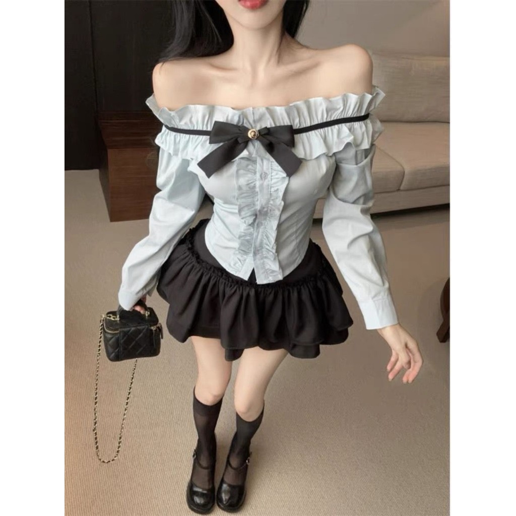 Set Áo Sơ Mi Dài Tay Trễ Vai Bèo Nhún, Váy Bánh Bèo Phong Cách Mùa Thu Cho Nữ