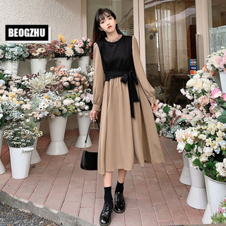  Đầm Dáng Dài BEOGZHU Bigsize Đầm Dự Tiệc Sang Trọng Giả Hai Mảnh Tay Dài Cổ Tròn Thắt Nơ Kiểu Hàn Quốc Mùa Thu Váy Thiết Kế Sang Chảnh Đẹp Cho Nữ
