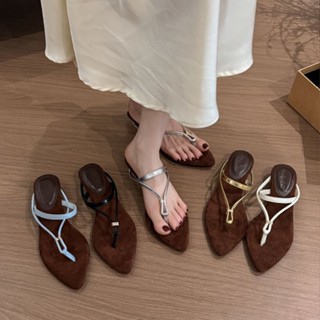 Dép xỏ ngón mũi nhọn phong cách Anh, dép gót thấp thời trang PU cho phụ nữ, dép đi biển ngoài trời bằng da lộn cao cấp, giá sỉ tại nhà máy