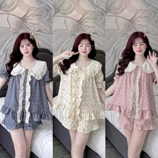 Bộ mặc Nhà Cổ Sen trắng phối ren Đùi hoạ tiết hoa dây chất Vân mây xinh xắn cho Nữ CC80 Sammy