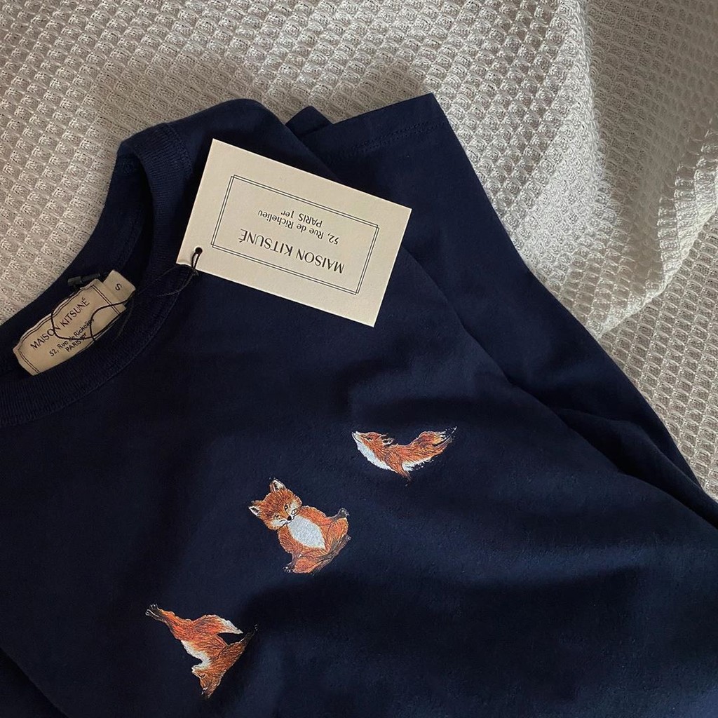 Hàng sẵn có Yoga Tay Little Fox Áo thun ngắn tay maison kitsune Nam Nữ Cùng phong cách Áo thun